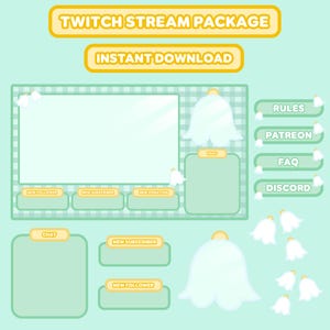 May include: A green and white checkered Twitch stream package with a bell icon, chat boxes, and buttons for new followers, subscribers, and donations. The buttons are labeled "New Follower", "New Subscriber", and "New Donation". The text "TWITCH STREAM PACKAGE" and "INSTANT DOWNLOAD" is displayed in yellow boxes at the top of the image. The buttons "RULES", "PATREON", "FAQ", and "DISCORD" are displayed on the right side of the image.
