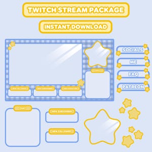 May include: A blue and yellow Twitch stream package with a large blue and white checkered background. The package includes a main stream screen, chat box, new follower, new subscriber, and new donation alerts. It also includes social media buttons for socials, me, FAQ, and Patreon.