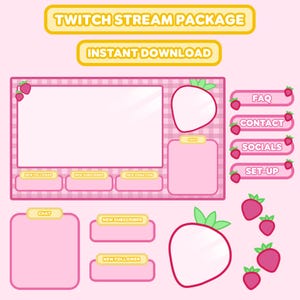 Cute Background for Twitch Streaming, Cozy Gingham Overlay, Twitch Alerts, Banners, Twitch Stream Overlay Package, Strawberry Overlay