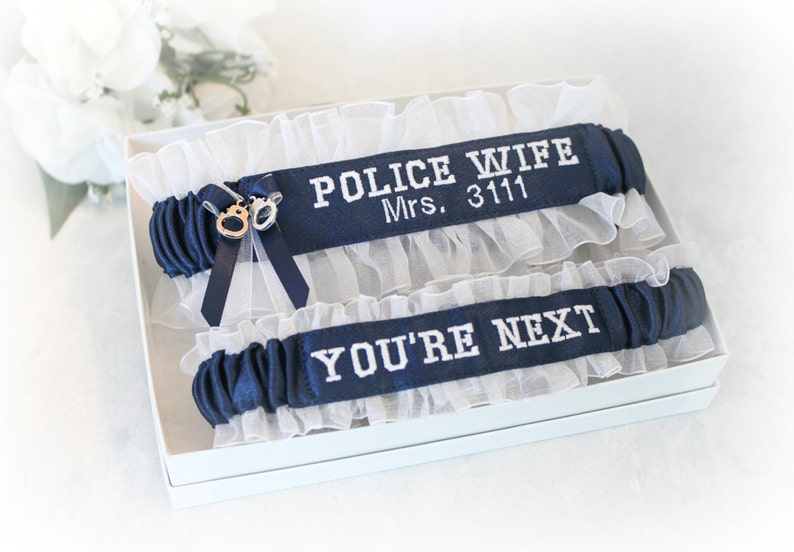 Personalized. Something blue garters Police Wife Garters Handcrafted Embroidered Police Wedding Garters Blue line police garters