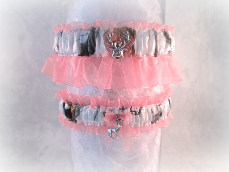 Winter White Hunting Garters Coral and Winter Camouflage Garter Set. Winter White Garter set White Camouflage Garter Set