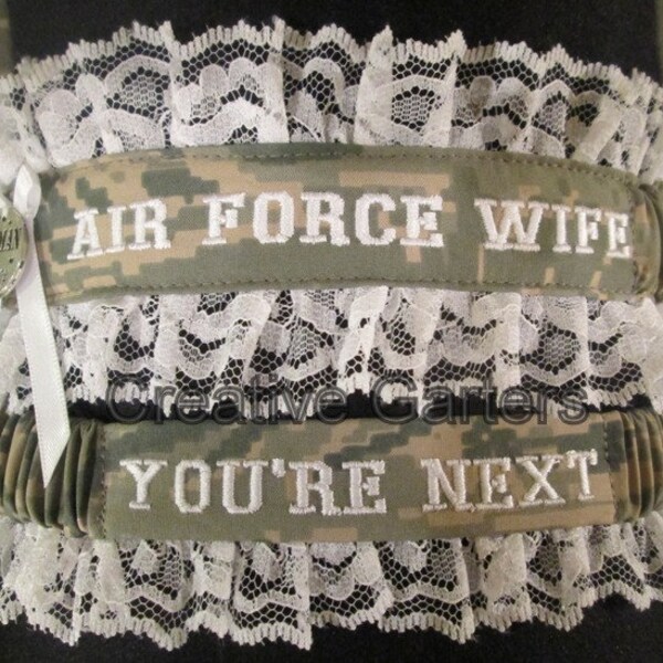 Air Force garter set with Air Force Wife embroidered on it  in ABU print fabric and throw garter that's says You're next