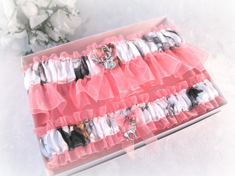 Winter White Hunting Garters Coral and Winter Camouflage Garter Set. Winter White Garter set White Camouflage Garter Set