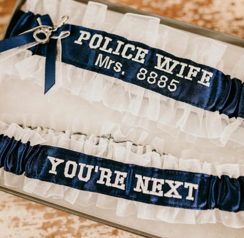 Personalized. Something blue garters Police Wife Garters Handcrafted Embroidered Police Wedding Garters Blue line police garters