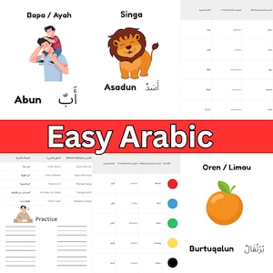 Puede incluir: Póster educativo "Easy Arabic" con ilustraciones y vocabulario árabe. Incluye un león de dibujos animados, una naranja y un padre cargando a un niño. El póster también tiene muestras de color y líneas de práctica.
