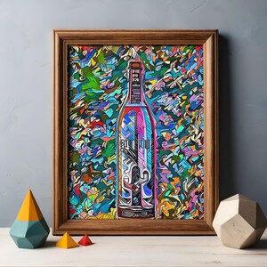Abstrakt popkonsttryck med flaska, illustration i livfull mosaikstil (digital nedladdning)