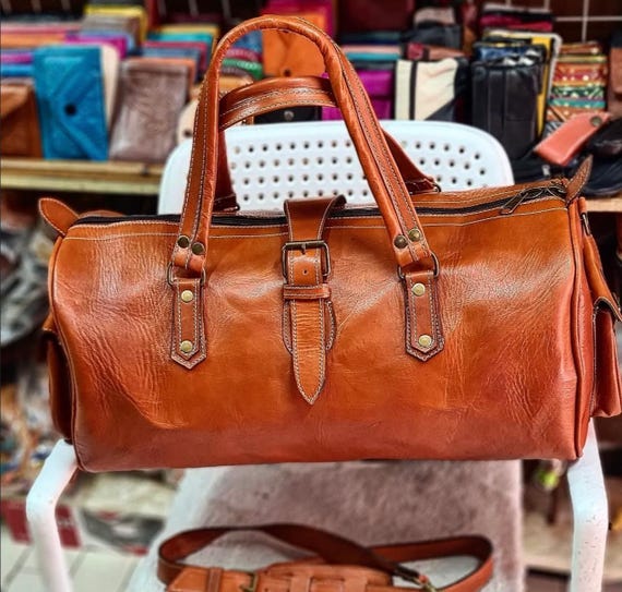 Handmade Moroccan Leather Duffle Bag – Vintage Brown Goat Leather