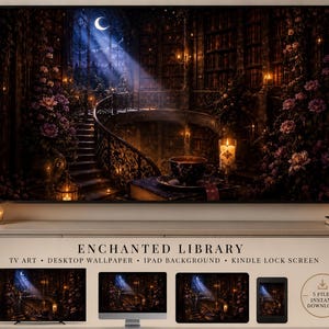 Dark Academia Frame TV Art – Magische Bibliotheksecke als Hintergrundbild, Gemütlicher ästhetischer TV-Bildschirmschoner, Samsung Frame Digitaler Download 4K JPEG