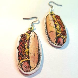 Chili Cheese HotDog Hand-Painted double sided charm earrings - funky statement jewelry