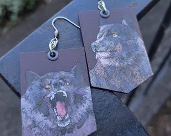 Graphic Minnesota Black Wolf  hand-painted wild animal charm earrings - wildlife jewelry - Life Lessons