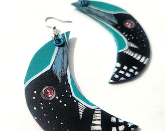 LOONS on Moons - hand-painted bird charm earrings - wildlife jewelry