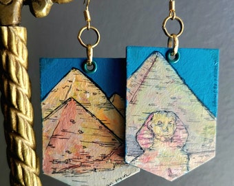 Sphinx Great Pyramid Egyptian pyramids earrings - hand-painted lamdmarks jewelry