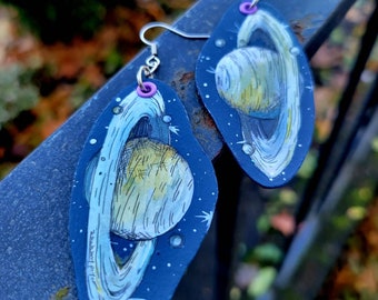 Saturn and Moons graphic hand-painted astronomy earrings