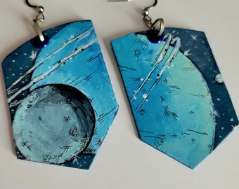 Neptune AND Triton - hand-painted space planet and moon jewelry - astronomy earrings