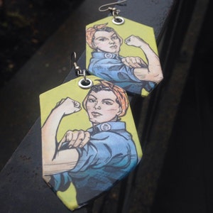 Rosie the Riveter - hand-painted earrings - silver and neon yellow