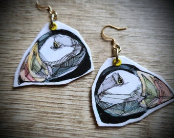 Graphic fractal Puffin Die Cut - hand-painted charm earrings - animal jewelry