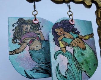 Hand-Painted Black Mermaid earrings - green and blue - mermaid jewelry