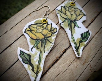 June Birth Flower Yellow Rose hand-painted earrings