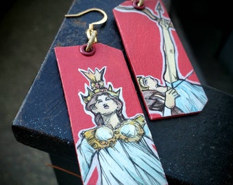 Athena Goddess of War red and gold hand-painted Mythology earrings - wearable art