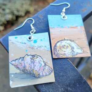 Hand-Painted Queen Conch and South African Turban Shell charm earrings - funky statement jewelry