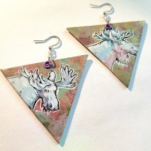 Albin the Late albino Moose inverted triangle - hand-painted charm earrings - animal jewelry