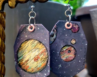 Jupiter and Moons Ganymedes, Callisto, Io Version Two hand-painted space jewelry - astronomy earrings