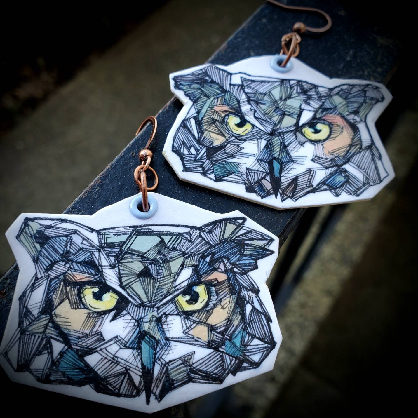 Graphic fractal Great Horned Owl Die Cut - hand-painted charm earrings - animal jewelry