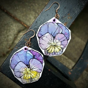February Birth Flower Violet hand-painted charm earrings purple and yellow