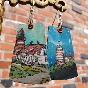 West Quoddy Head Lighthouse - hand-painted Lubec, Maine themed charm earrings