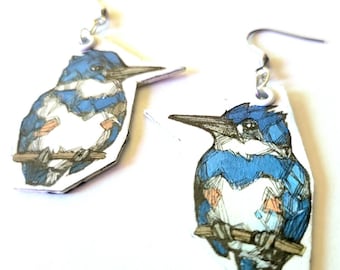 Graphic Belted Kingfisher Cut Out - hand-painted bird charm earrings - wildlife jewelry