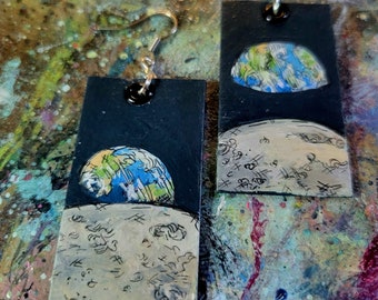 Earth and Moon EarthRise - hand-painted space jewelry - astronomy charm earrings