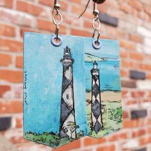 Cape Lookout Lighthouse - hand-painted North Carolina Outer Banks themed charm earrings