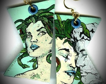 Medusa earrings - hand-painted heart-broken lover - wearable art