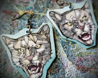 Graphic Puma Cougar Mountain Lion Cut Out - hand-painted big cat charm earrings - wildlife jewelry