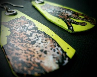 Neon Yellow Leopard - hand-painted big cat charm earrings - wildlife jewelry