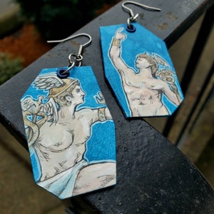 Hermes Mercury earrings - hand-painted Greek Roman Mythology God - wearable art