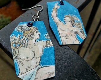 Hermes Mercury earrings - hand-painted Greek Roman Mythology God - wearable art