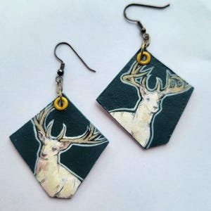 The White Stag Albino Deer - hand-painted charm earrings - animal jewelry - emerald green