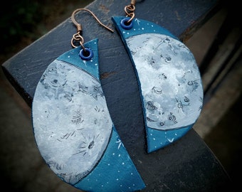 Near and Far side of the Moon - hand-painted space jewelry - astronomy earrings