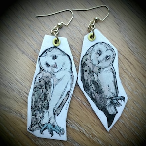 Graphic fractal Barn Owl Die Cut - hand-painted charm earrings - animal jewelry