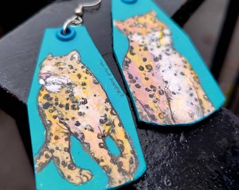 Vivid Teal Leopard - hand-painted big cat charm earrings - wildlife jewelry