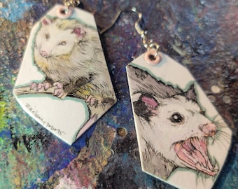 Adorable Opossums - hand-painted graphic raccoon animal charm earrings - - wildlife jewelry