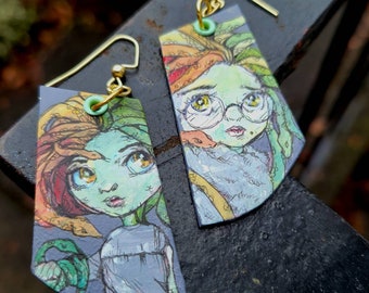 Kawaii Medusa hand painted Charm earrings - blythe doll inspired - orange and green - greek mythology