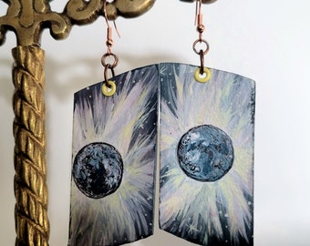 Annular Solar Eclipse Moon - hand-painted space jewelry - astronomy charm earrings