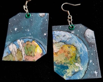 Earth and Moon - hand-painted space jewelry - astronomy earrings