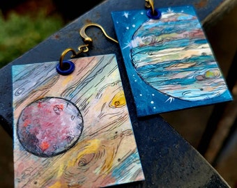 Jupiter & Moon Ganymedes hand-painted space jewelry - astronomy earrings
