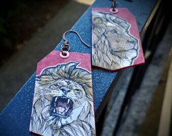 Fierce Lion - hand-painted big cat red charm earrings - wildlife jewelry
