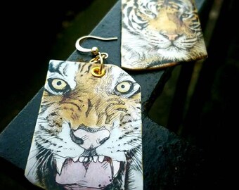 Fierce Tiger - hand-painted big cat charm earrings - wildlife jewelry
