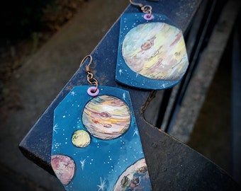 Jupiter & Moons Ganymedes, Callisto, Io hand-painted space jewelry - astronomy earrings