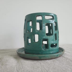 Vintage Smokey Turquoise Green Studio Pottery Candle Lantern set, 1970&#39;s, Mid Century Modern, Mood lighting